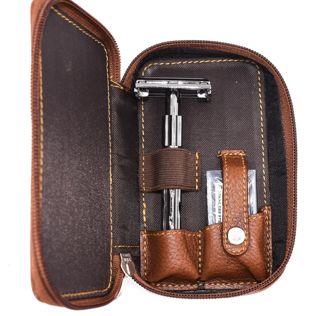 [PA056] Parker Zipper Close Saddle Leather Case for Safety Razor and Blades